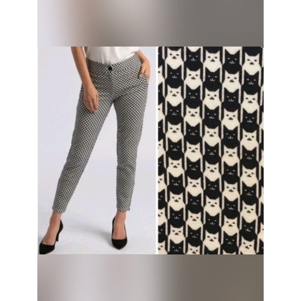 Betabrand Catstooth Cat Print Straight Leg Dress Yoga Pants Pockets Pull On XS